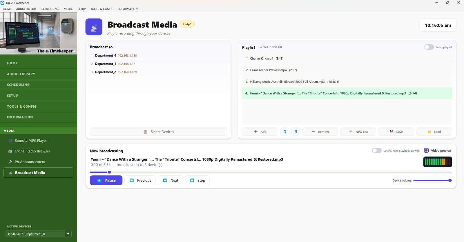 The Broadcast Media Player with a playlist loaded