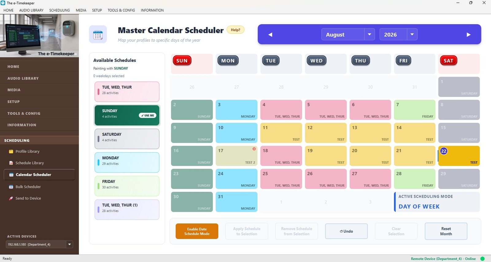 The calendar in Day of Week mode with weekday headers selected