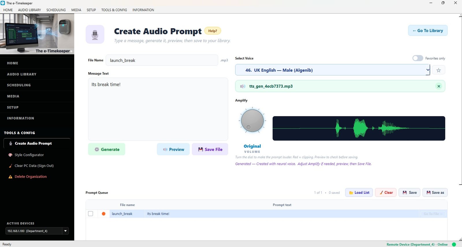 Creating a spoken announcement with the live waveform
