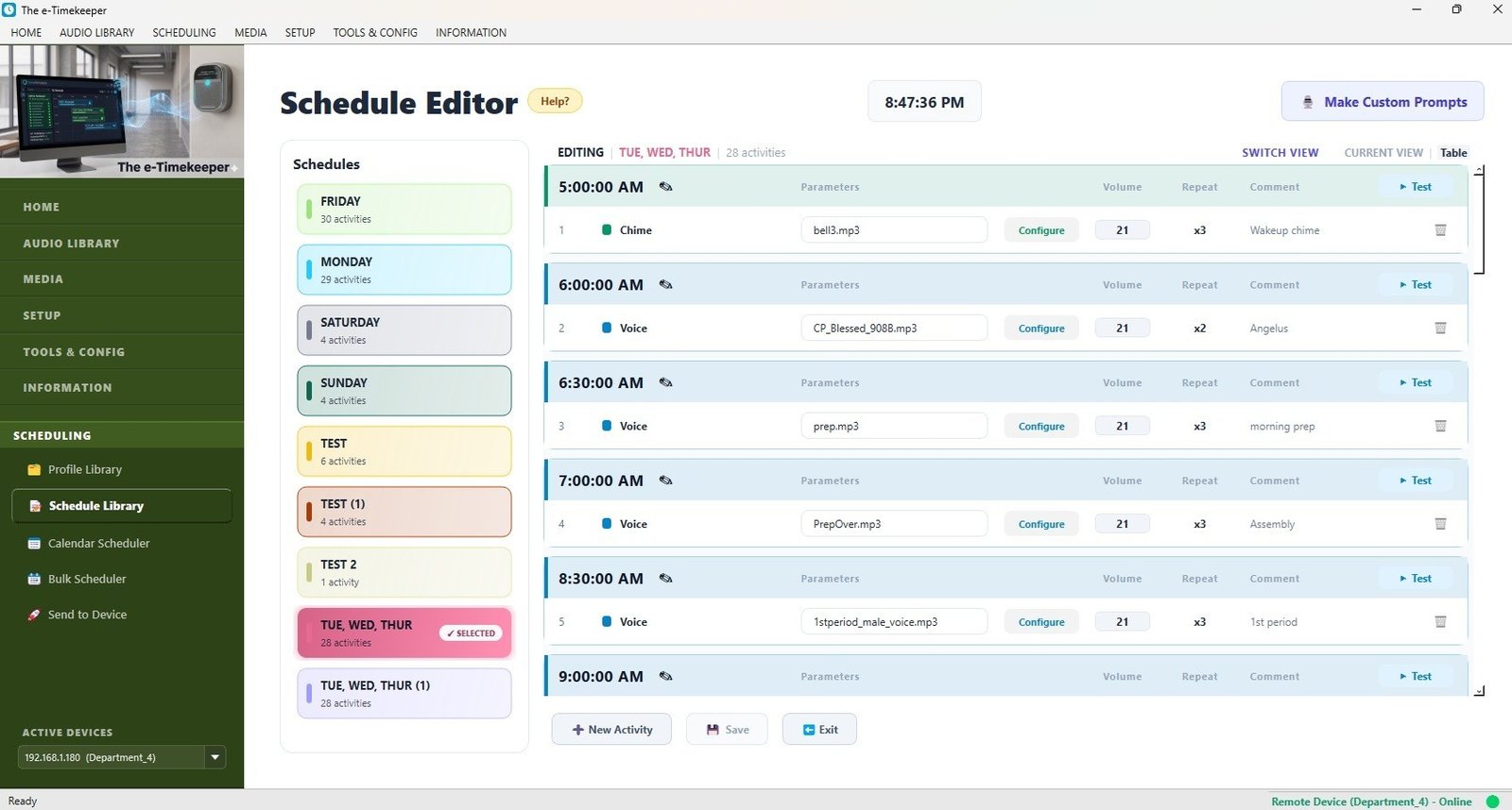 The Schedule Editor, building a day's activities